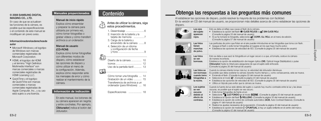 Samsung EC-NV100SFA/RU manual Obtenga las respuestas a las preguntas más comunes, Manuales proporcionados, ES-2 ES-3 