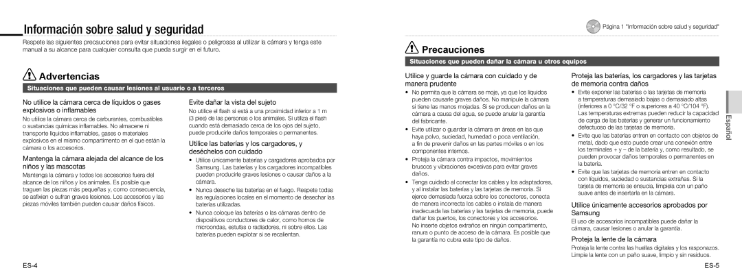 Samsung EC-NV100BBA/RU Información sobre salud y seguridad, Utilice y guarde la cámara con cuidado y de manera prudente 