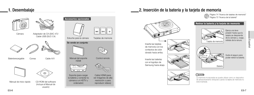 Samsung EC-NV100TBA/RU, EC-NV100TBA/FR Desembalaje, Inserción de la batería y la tarjeta de memoria, Accesorios opcionales 