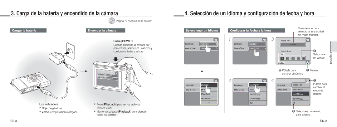 Samsung EC-NV100SBA/RU Carga de la batería y encendido de la cámara, Selección de un idioma y conﬁguración de fecha y hora 