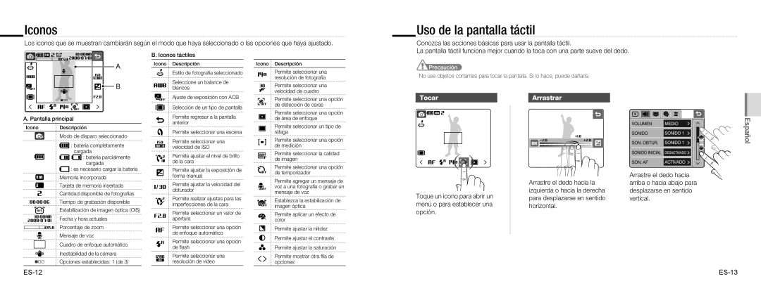 Samsung EC-NV100TBA/FR, EC-NV100SBA/FR, EC-NV100SFB/FR, EC-NV100RBA/FR Iconos, Uso de la pantalla táctil, Tocar, Arrastrar 