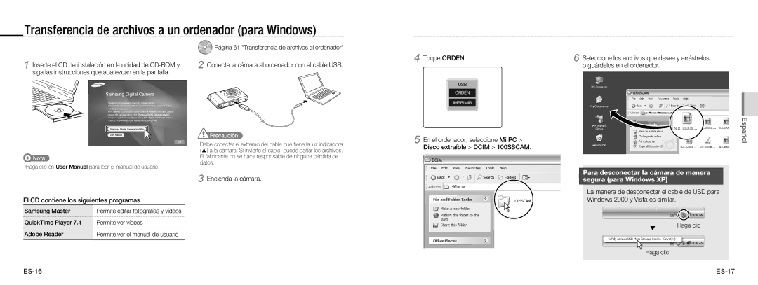 Samsung EC-NV100SFB/FR, EC-NV100TBA/FR Transferencia de archivos a un ordenador para Windows, Toque Orden, ES-16 ES-17 