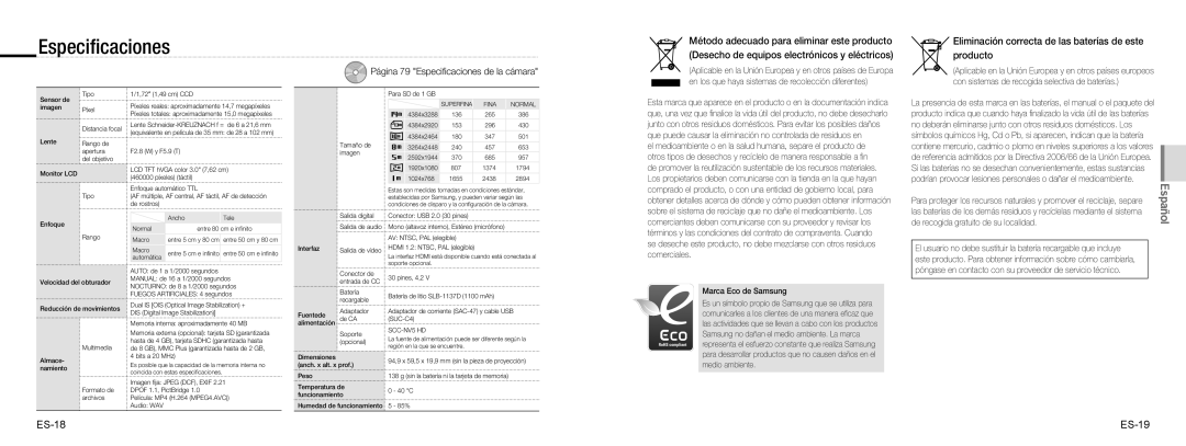 Samsung EC-NV100RBA/FR, EC-NV100TBA/FR Especiﬁcaciones, Eliminación correcta de las baterías de este producto, ES-18 ES-19 