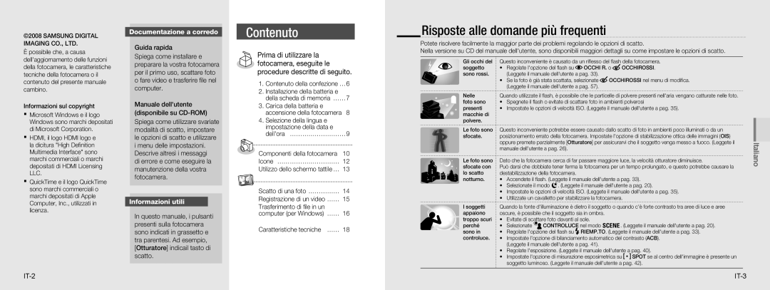 Samsung EC-NV100BBA/FR manual Risposte alle domande più frequenti, Documentazione a corredo, Informazioni utili, IT-2 IT-3 