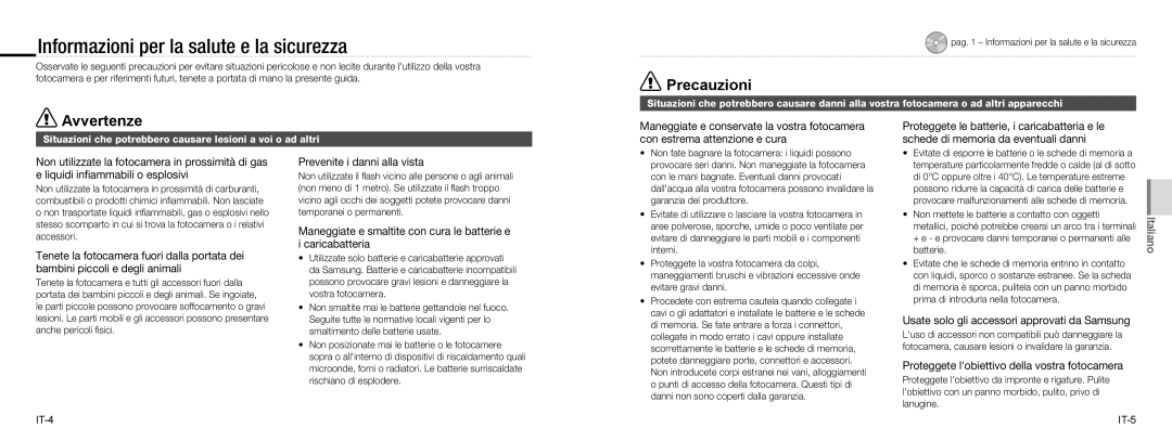 Samsung EC-NV100SFA/IT, EC-NV100TBA/FR manual Informazioni per la salute e la sicurezza, Prevenite i danni alla vista 