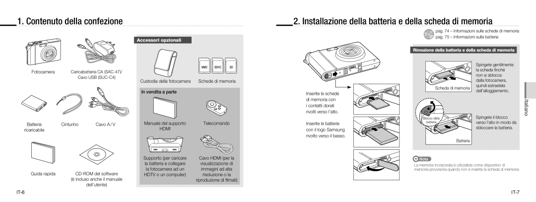 Samsung EC-NV100SBC/IT, EC-NV100TBA/FR Contenuto della confezione, Installazione della batteria e della scheda di memoria 