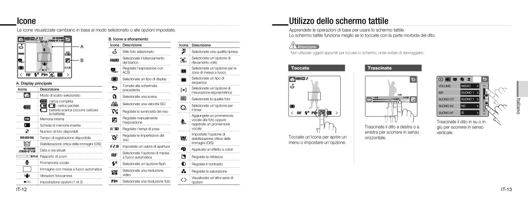 Samsung EC-NV100TBC/IT, EC-NV100TBA/FR manual Icone, Utilizzo dello schermo tattile, Toccate, Trascinate, IT-12 IT-13 