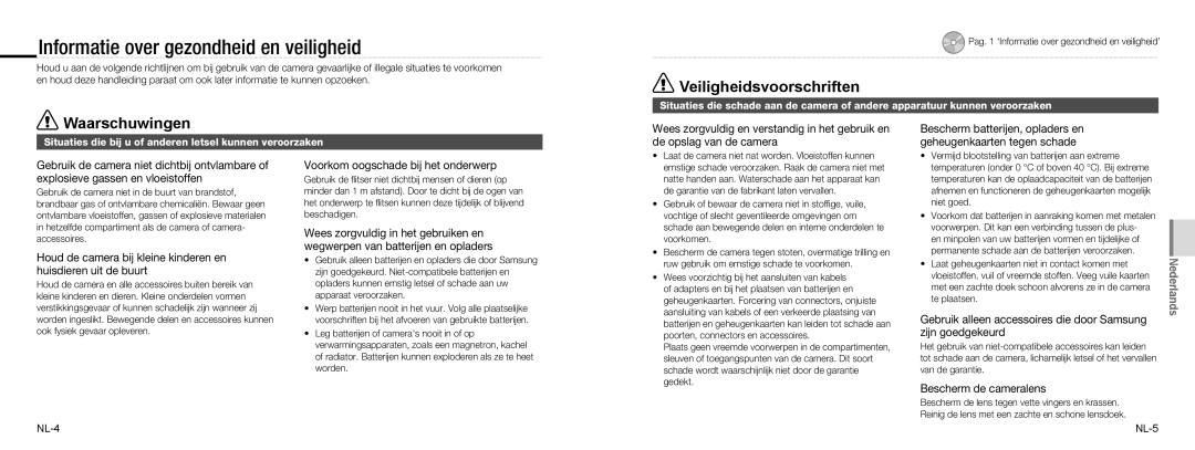 Samsung EC-NV100RBA/E1 manual Informatie over gezondheid en veiligheid, Voorkom oogschade bij het onderwerp, NL-4 NL-5 