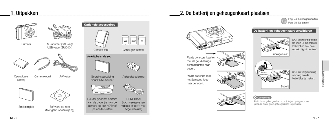 Samsung EC-NV100BBA/E1, EC-NV100TBA/FR manual Uitpakken, De batterij en geheugenkaart plaatsen, Optionele accessoires 