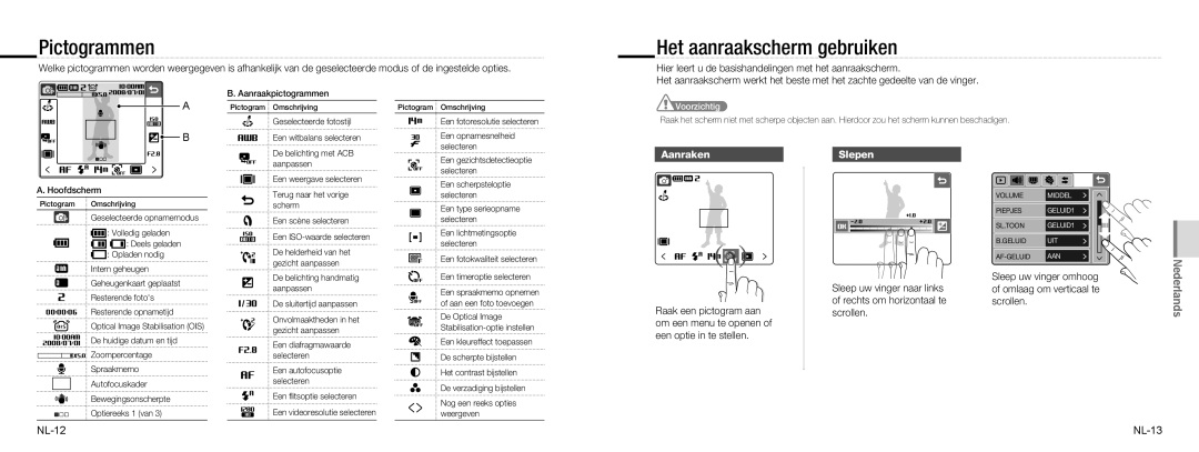 Samsung EC-NV100TBA/E3, EC-NV100TBA/FR, EC-NV100SBA/FR manual Pictogrammen, Het aanraakscherm gebruiken, Aanraken, Slepen 