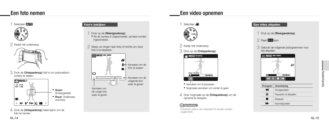 Samsung EC-NV100RBA/E3, EC-NV100TBA/FR manual Een foto nemen, Een video opnemen, Fotos bekijken, Een video afspelen 