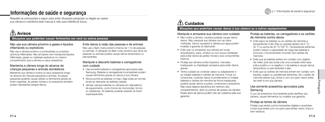 Samsung EC-NV100BBB/E2, EC-NV100TBA/FR, EC-NV100SBA/FR, EC-NV100SFB/FR, EC-NV100RBA/FR manual Informações de saúde e segurança 