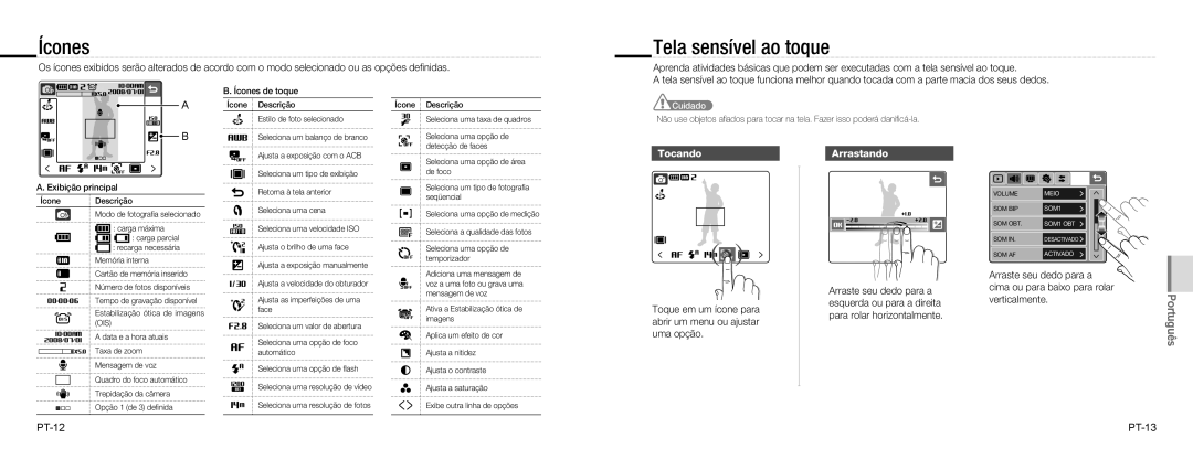 Samsung EC-NV100RBB/E2, EC-NV100TBA/FR, EC-NV100SBA/FR, EC-NV100SFB/FR Ícones, Tela sensível ao toque, Tocando, Arrastando 