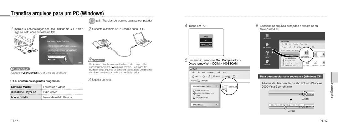 Samsung EC-NV100SFA/RU manual Transﬁra arquivos para um PC Windows, CD contém os seguintes programas, PT-16 PT-17, Clique 