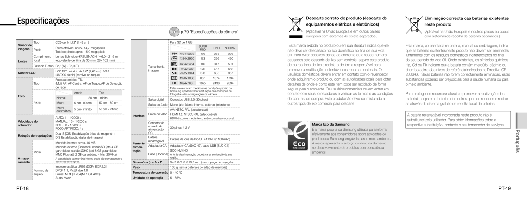 Samsung EC-NV100BBA/RU manual Especiﬁcações, Eliminação correcta das baterias existentes neste produto, PT-18 PT-19 