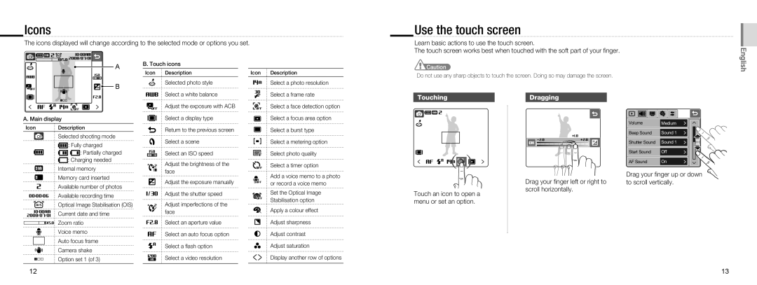 Samsung EC-NV100BBC/IT, EC-NV100TBA/FR, EC-NV100SBA/FR, EC-NV100SFB/FR manual Icons, Use the touch screen, Touching, Dragging 