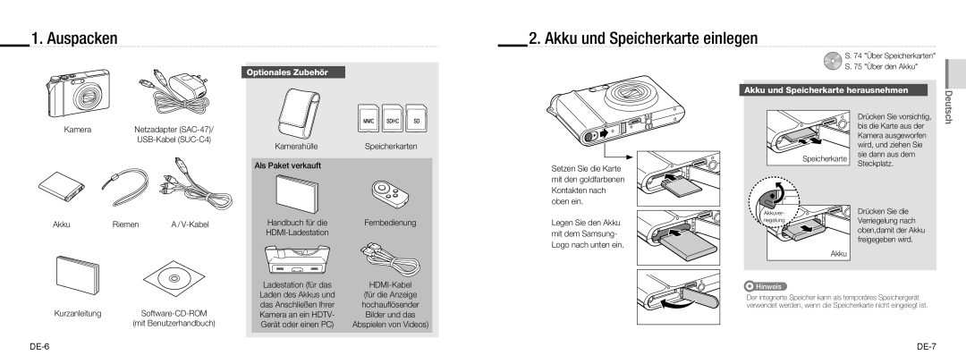 Samsung EC-NV100SFB/E1 Auspacken Akku und Speicherkarte einlegen, Optionales Zubehör, Akku und Speicherkarte herausnehmen 