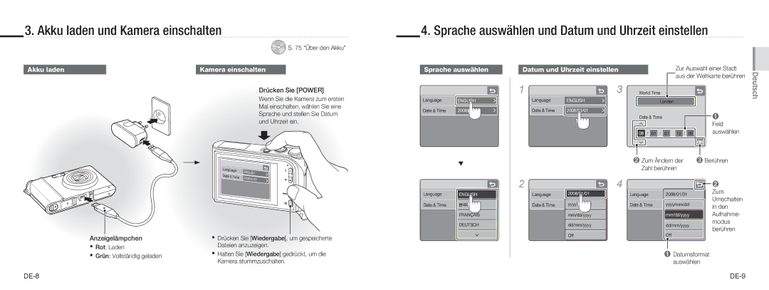 Samsung EC-NV100RBA/E1 manual Akku laden und Kamera einschalten, Sprache auswählen und Datum und Uhrzeit einstellen 