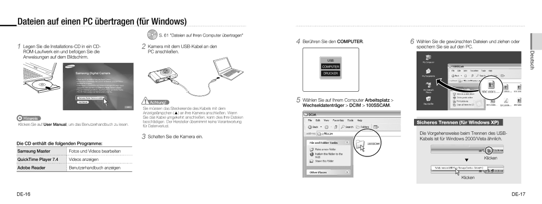 Samsung EC-NV100TBA/E3 manual Dateien auf einen PC übertragen für Windows, Berühren Sie den Computer, DE-16 DE-17, Klicken 