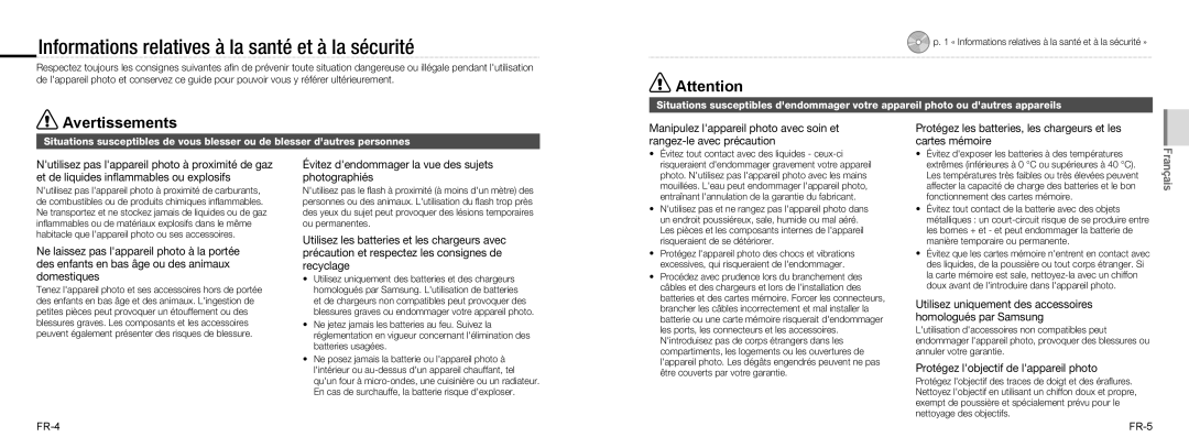 Samsung EC-NV100SBB/E3, EC-NV100TBA/FR, EC-NV100SBA/FR Informations relatives à la santé et à la sécurité, Avertissements 