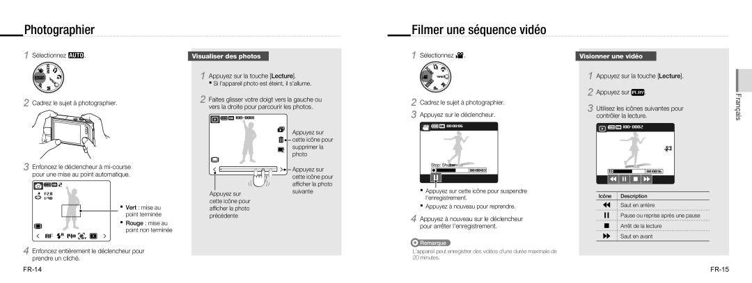 Samsung EC-NV100RBA/RU manual Photographier, Filmer une séquence vidéo, Visualiser des photos, Visionner une vidéo 