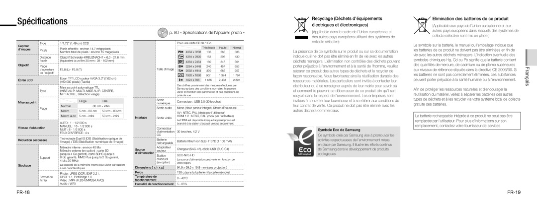 Samsung EC-NV100RFA/RU, EC-NV100TBA/FR, EC-NV100SBA/FR Spéciﬁcations, Elimination des batteries de ce produit, FR-18 FR-19 