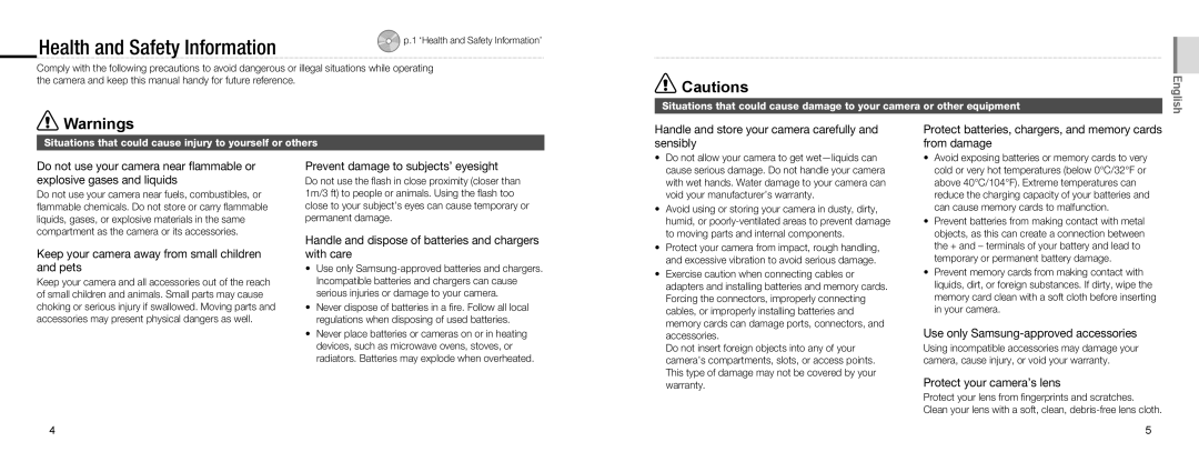 Samsung EC-NV100RBA/FR Health and Safety Information, Prevent damage to subjects’ eyesight, Protect your camera’s lens 