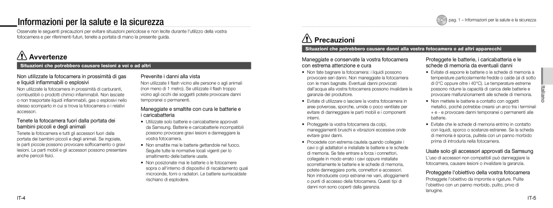 Samsung EC-NV100BBA/RU Informazioni per la salute e la sicurezza, Precauzioni, Avvertenze, Prevenite i danni alla vista 