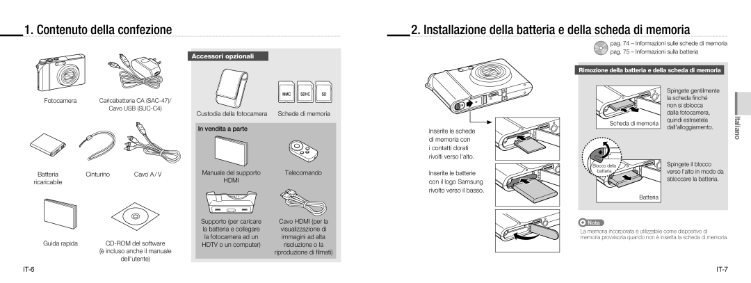 Samsung EC-NV100TBA/RU, EC-NV100TBA/FR Contenuto della confezione, Installazione della batteria e della scheda di memoria 