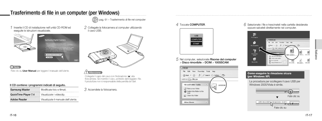 Samsung EC-NV100SFB/FR Trasferimento di ﬁle in un computer per Windows, Il CD contiene i programmi indicati di seguito 