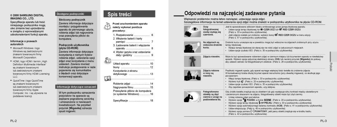 Samsung EC-NV100BBA/FR, EC-NV100TBA/FR manual Odpowiedzi na najczęściej zadawane pytania, PL-2 PL-3, Dostępne podręczniki 