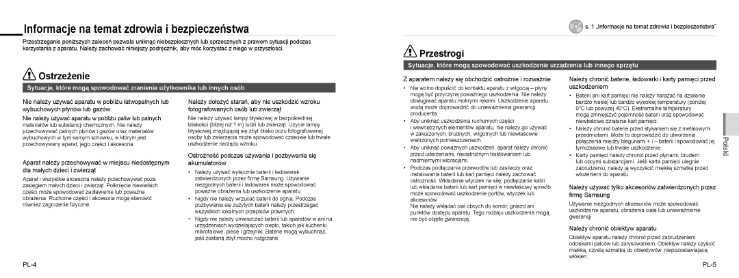 Samsung EC-NV100SFA/IT, EC-NV100TBA/FR manual Informacje na temat zdrowia i bezpieczeństwa, Przestrogi, Ostrzeżenie 