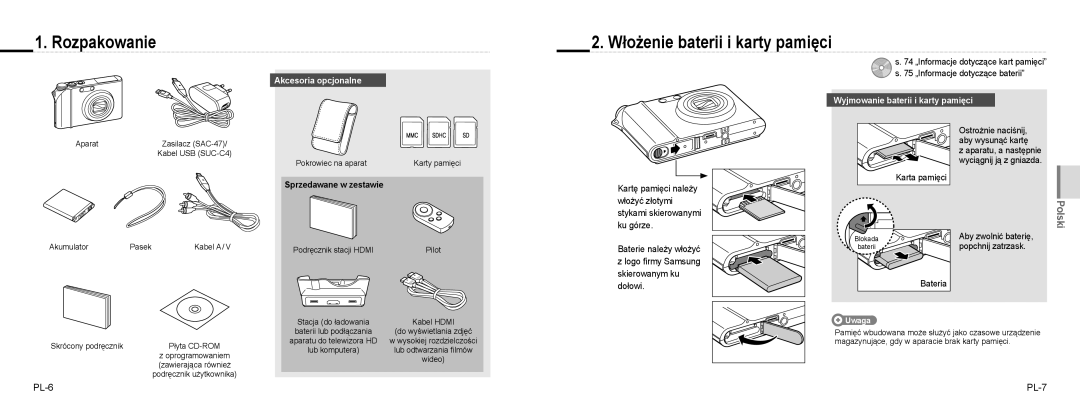 Samsung EC-NV100SBC/IT, EC-NV100TBA/FR Rozpakowanie, Włożenie baterii i karty pamięci, PL-6 PL-7, Akcesoria opcjonalne 