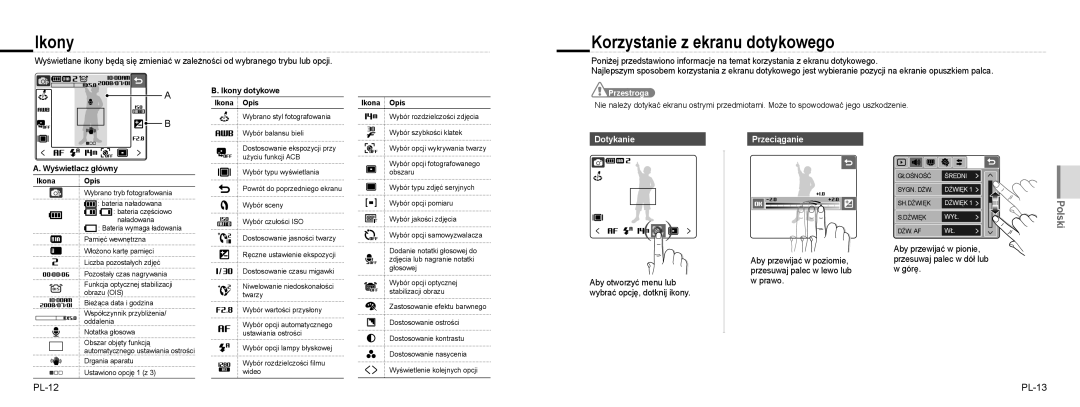 Samsung EC-NV100TBC/IT, EC-NV100TBA/FR manual Ikony, Korzystanie z ekranu dotykowego, PL-12 PL-13, Dotykanie, Przeciąganie 