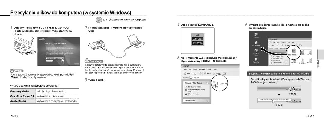 Samsung EC-NV100BBA/IT, EC-NV100TBA/FR manual Ekranie, Włącz aparat, PL-16 PL-17, Płyta CD zawiera następujące programy 