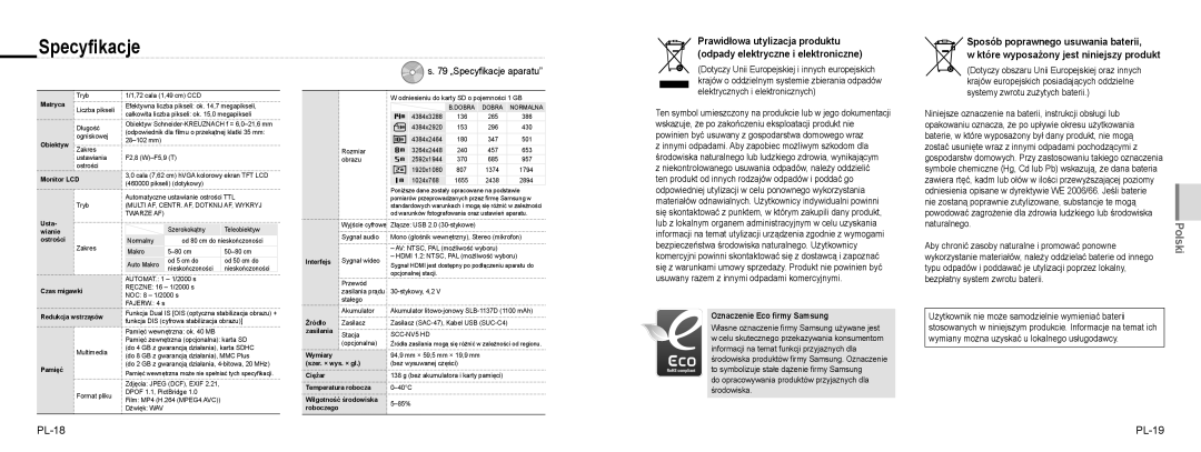 Samsung EC-NV100SBA/E1, EC-NV100TBA/FR manual PL-18 PL-19, 79 „Specyﬁkacje aparatu, Oznaczenie Eco ﬁrmy Samsung 