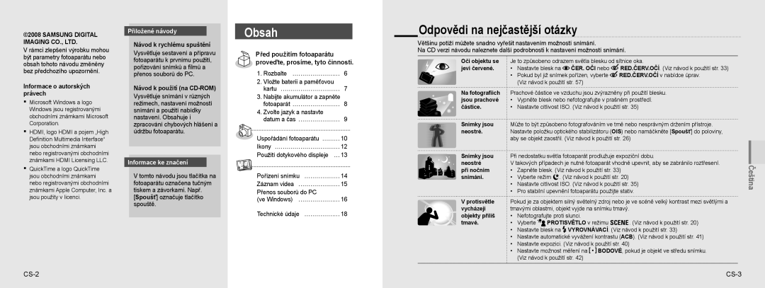 Samsung EC-NV100SFB/E1, EC-NV100TBA/FR Odpovědi na nejčastější otázky, CS-2 CS-3, Přiložené návody, Informace ke značení 