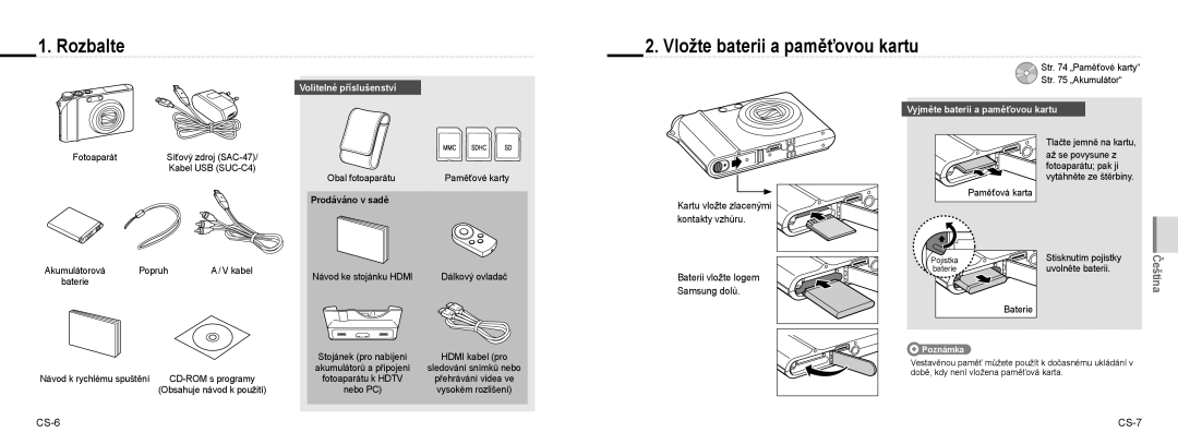 Samsung EC-NV100BBA/E1, EC-NV100TBA/FR manual Rozbalte, Vložte baterii a paměťovou kartu, CS-6 CS-7, Volitelné příslušenství 