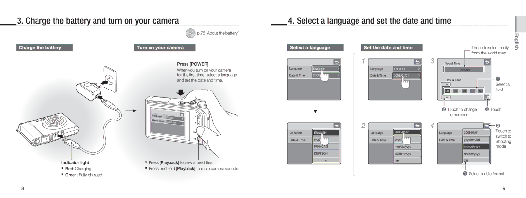 Samsung EC-NV100SFA/IT manual Charge the battery, Press Power, Indicator light, Select a language, Set the date and time 