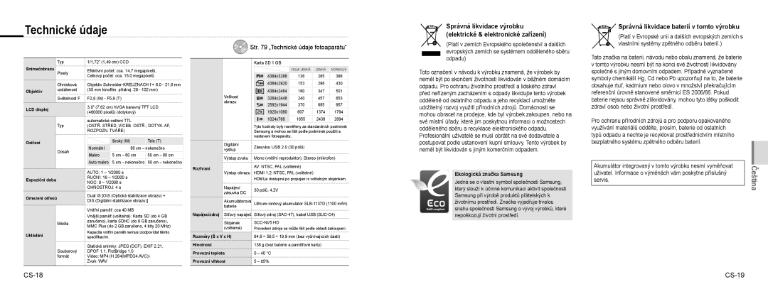 Samsung EC-NV100SBB/E3, EC-NV100TBA/FR manual CS-18 CS-19, Str „Technické údaje fotoaparátu, Ekologická značka Samsung 
