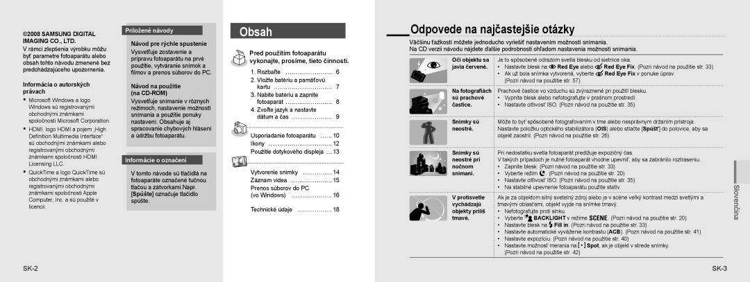 Samsung EC-NV100BBB/E3, EC-NV100TBA/FR Odpovede na najčastejšie otázky, SK-2 SK-3, Priložené návody, Informácie o označení 