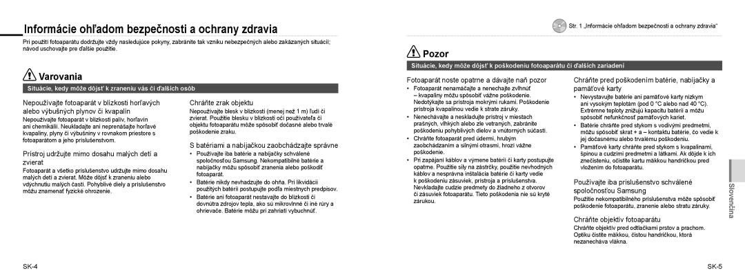 Samsung EC-NV100BBB/E2, EC-NV100TBA/FR, EC-NV100SBA/FR manual Informácie ohľadom bezpečnosti a ochrany zdravia, Varovania 