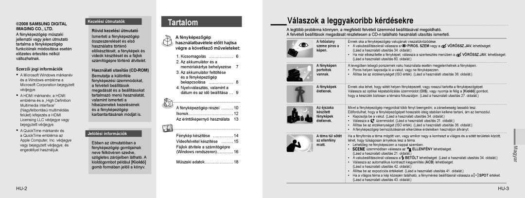 Samsung EC-NV100TBA/RU manual Válaszok a leggyakoribb kérdésekre, HU-2 HU-3, Kezelési útmutatók, Jelölési információk 