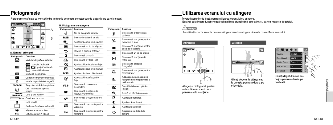 Samsung EC-NV100BBA/IT, EC-NV100TBA/FR Pictogramele, Utilizarea ecranului cu atingere, RO-12 RO-13, Atingerea Glisarea 