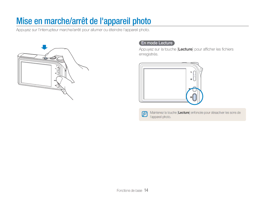 Samsung EC-NV100TBA/FR, EC-NV100SBA/FR, EC-NV100SFB/FR manual Mise en marche/arrêt de lappareil photo, En mode Lecture 