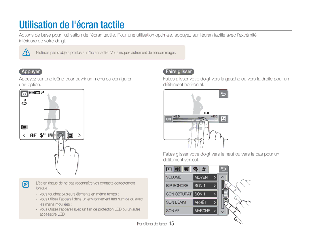 Samsung EC-NV100SBA/FR, EC-NV100TBA/FR, EC-NV100SFB/FR, EC-NV100RBA/FR Utilisation de lécran tactile, Appuyer, Faire glisser 