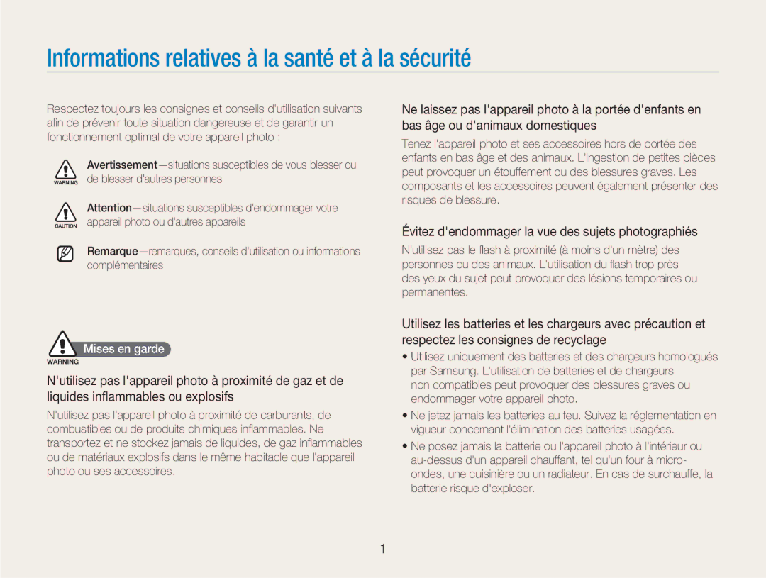 Samsung EC-NV100SFB/FR, EC-NV100TBA/FR, EC-NV100SBA/FR Évitez dendommager la vue des sujets photographiés, Mises en garde 