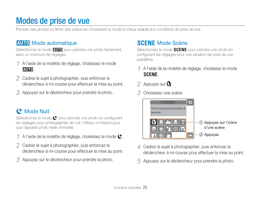 Samsung EC-NV100SBA/FR, EC-NV100TBA/FR, EC-NV100SFB/FR manual Modes de prise de vue, Mode automatique, Mode Nuit, Mode Scène 