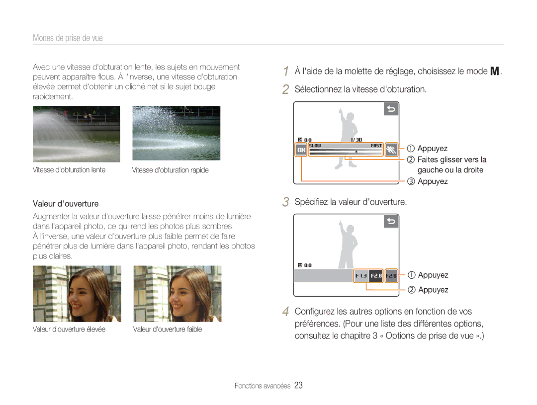 Samsung EC-NV100BBA/FR, EC-NV100TBA/FR, EC-NV100SBA/FR, EC-NV100SFB/FR, EC-NV100RBA/FR manual Spéciﬁez la valeur douverture 
