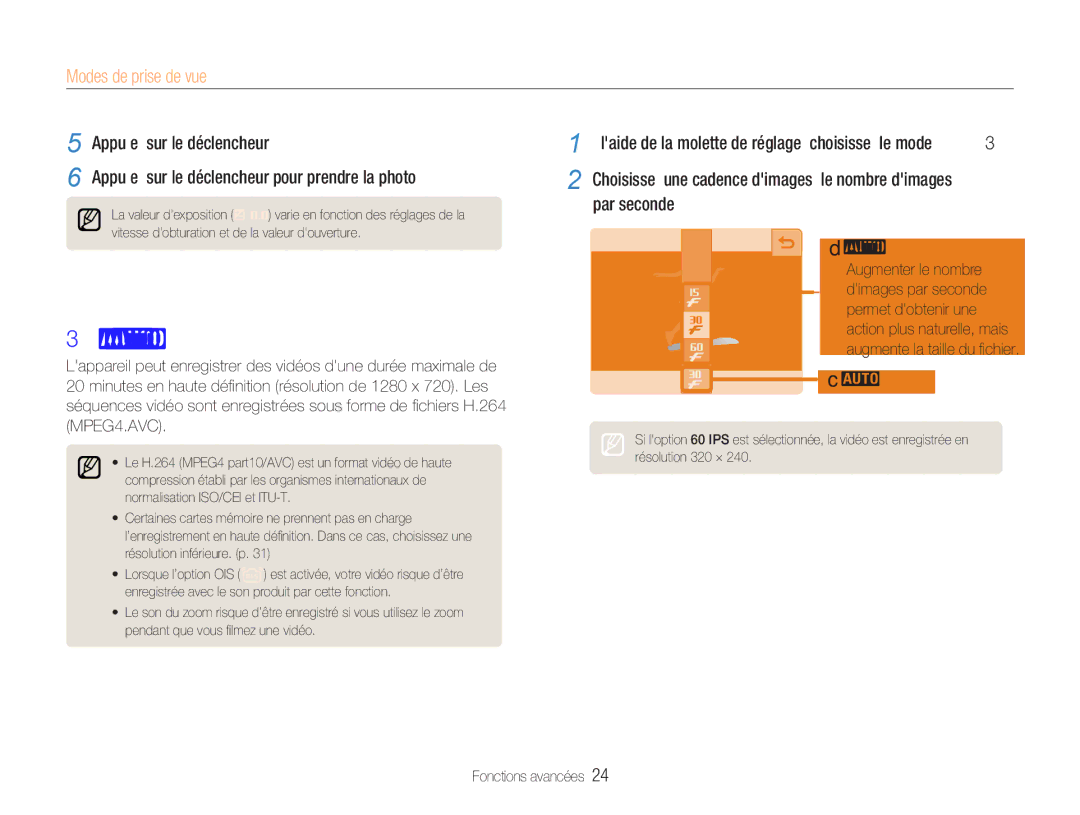 Samsung EC-NV100TBA/FR, EC-NV100SBA/FR, EC-NV100SFB/FR Filmer une vidéo, Appuyez sur le déclencheur, Par seconde, MPEG4.AVC 